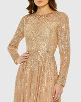 Beige Illusion High Neck Long Sleeve Embellished Gown